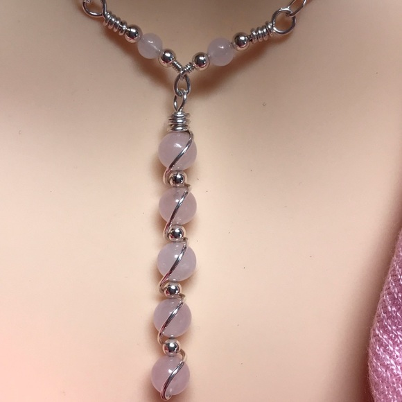 Rose Quartz Necklace- Sterling Silver Rose Quartz Y Necklace - Hand Crafted - Picture 4 of 6